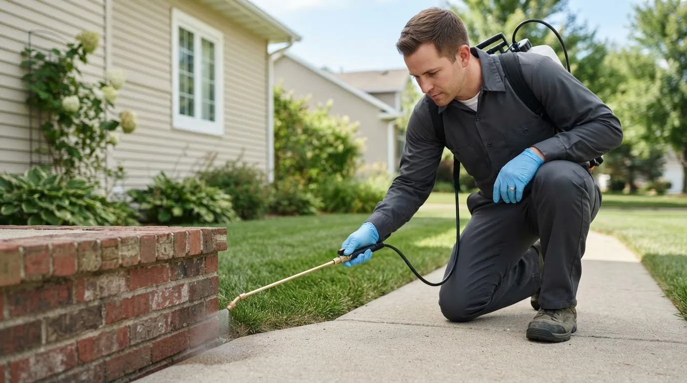 Pest control technician treating a home near Alcester, SD